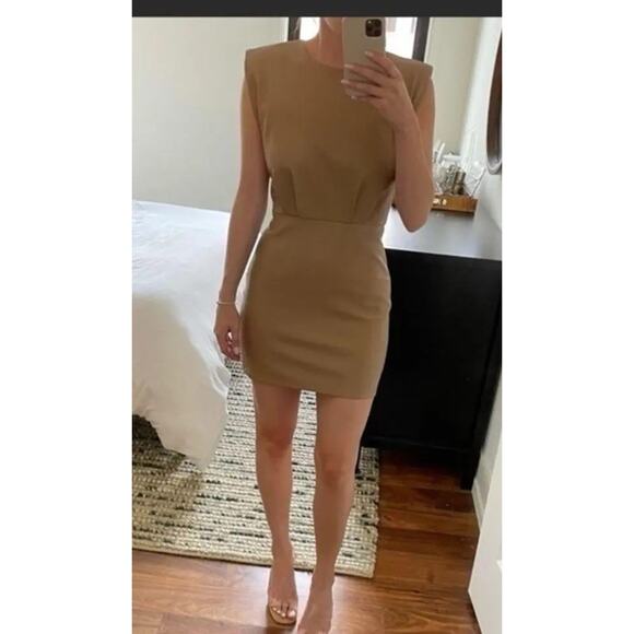 ZARA Faux Leather Shoulder Pads Sleeveles Tan Mini Dress Sz L Bloggers Favorite - Picture 9 of 16